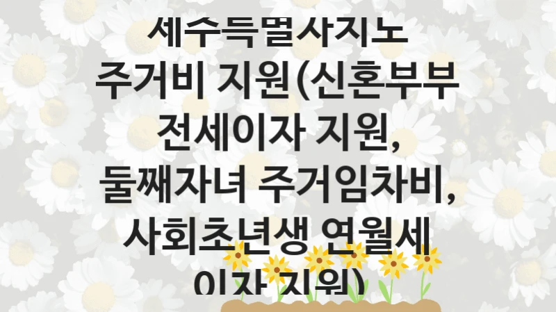 제주특별자치도
주거비 지원(신혼부부 전세이자 지원, 둘째자녀 주거임차비, 사회초년생 연월세 이자 지원)